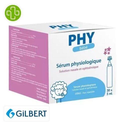 Produit de la marque Gilbert Phy Bébé Sérum Physiologique Solution Nasale & Ophtalmique - 30x5ml sur un fond blanc avec un logo Parachezvous celui de de la marque Gilbert