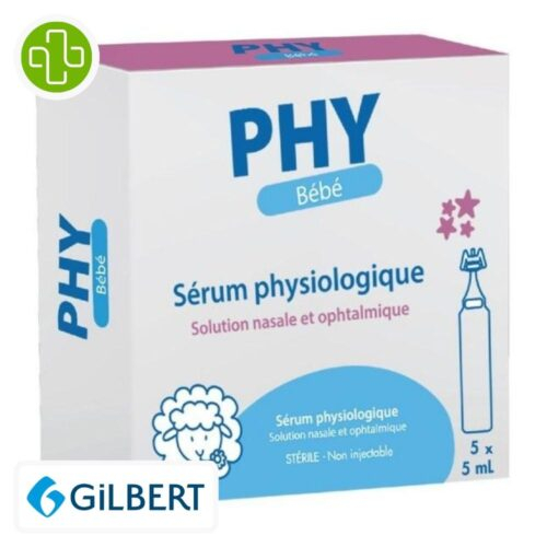Produit de la marque Gilbert Phy Bébé Sérum Physiologique Solution Nasale & Ophtalmique - 5x5ml sur un fond blanc avec un logo Parachezvous celui de de la marque Gilbert