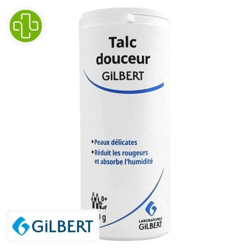 Produit de la marque Gilbert Poudre de Talc Douceur - 100g sur un fond blanc avec un logo Parachezvous celui de de la marque Gilbert