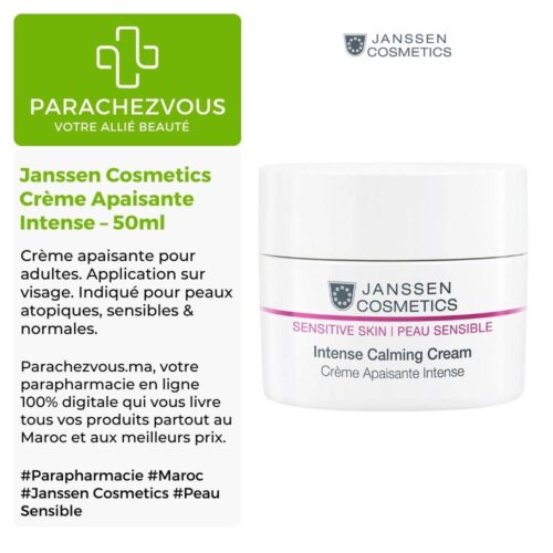 Produit de la marque Janssen Cosmetics Crème Apaisante Intense - 50ml sur un fond blanc, vert et gris avec un logo Parachezvous et celui de la marque Janssen Cosmetics ainsi qu'une description qui détail les informations du produit