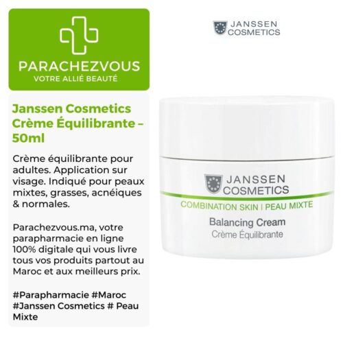 Produit de la marque Janssen Cosmetics Crème Équilibrante - 50ml sur un fond blanc, vert et gris avec un logo Parachezvous et celui de la marque Janssen Cosmetics ainsi qu'une description qui détail les informations du produit