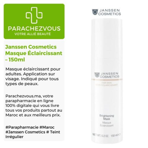 Produit de la marque Janssen Cosmetics Masque Éclaircissant - 150ml sur un fond blanc, vert et gris avec un logo Parachezvous et celui de la marque Janssen Cosmetics ainsi qu'une description qui détail les informations du produit