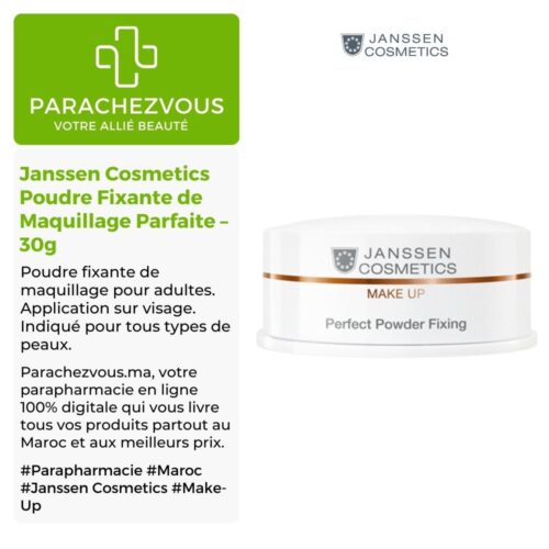 Produit de la marque Janssen Cosmetics Poudre Fixante de Maquillage Parfaite - 30g sur un fond blanc, vert et gris avec un logo Parachezvous et celui de la marque Janssen Cosmetics ainsi qu'une description qui détail les informations du produit