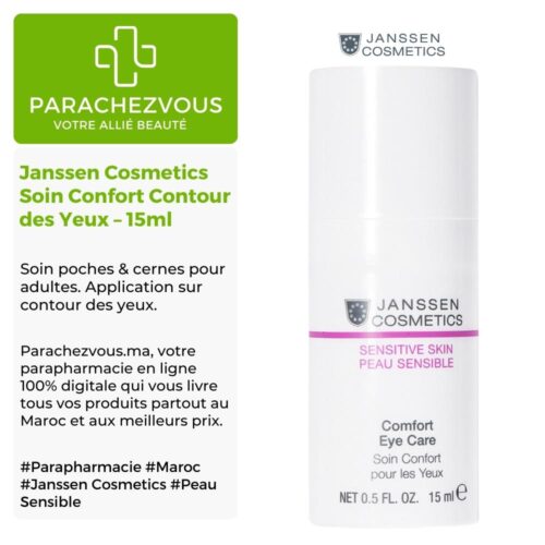 Produit de la marque Janssen Cosmetics Soin Confort Contour des Yeux - 15ml sur un fond blanc, vert et gris avec un logo Parachezvous et celui de la marque Janssen Cosmetics ainsi qu'une description qui détail les informations du produit