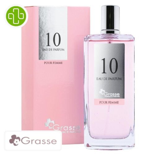 Produit de la marque Grasse Eau de Parfum N°10 (Cacharel - Amor Amor) Femmes - 100ml sur un fond blanc avec un logo Parachezvous et celui de de la marque Grasse