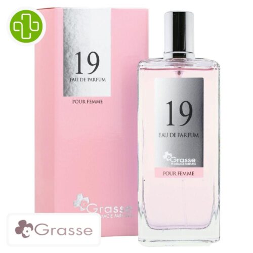 Produit de la marque Grasse Eau de Parfum N°19 (Dior - J'adore) Femmes - 100ml sur un fond blanc avec un logo Parachezvous et celui de de la marque Grasse