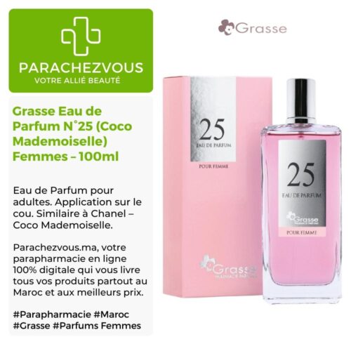 Produit de la marque Grasse Eau de Parfum N°25 (Chanel - Coco Mademoiselle) Femmes - 100ml sur un fond blanc, vert et gris avec un logo Parachezvous et celui de la marque Grasse ainsi qu'une description qui détail les informations du produit