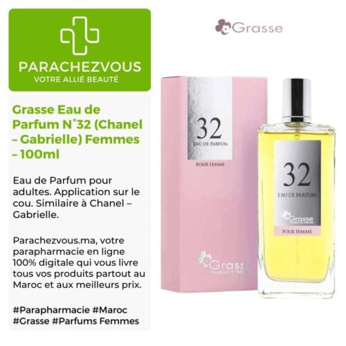 Produit de la marque Grasse Eau de Parfum N°32 (Chanel - Gabrielle) Femmes - 100ml sur un fond blanc avec un logo Parachezvous et celui de de la marque Grasse