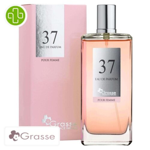 Produit de la marque Grasse Eau de Parfum N°37 (Yves Saint Launrent - Black Opium) Femmes - 100ml sur un fond blanc avec un logo Parachezvous et celui de de la marque Grasse