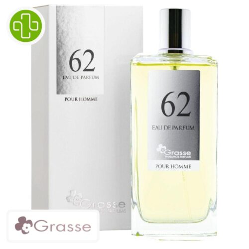 Produit de la marque Grasse Eau de Parfum N°62 (Dolce & Gabbana - Eau de Parfum) Hommes - 100ml sur un fond blanc avec un logo Parachezvous et celui de de la marque Grasse