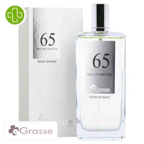 Produit de la marque Grasse Eau de Parfum N°65 (Armani – Aqua Di Gio) Hommes – 100ml sur un fond blanc avec un logo Parachezvous et celui de de la marque Grasse