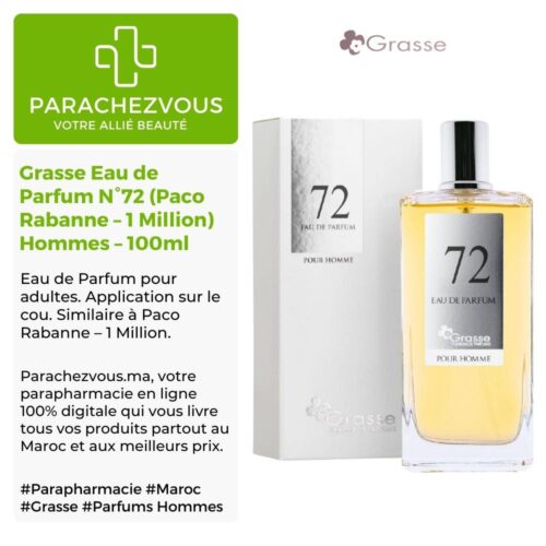 Produit de la marque Grasse Eau de Parfum N°72 (Paco Rabanne - 1 Million) Hommes - 100ml sur un fond blanc, vert et gris avec un logo Parachezvous et celui de la marque Grasse ainsi qu'une description qui détail les informations du produit
