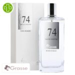 Produit de la marque Grasse Eau de Parfum N°74 (Jean Paul Gaulthier - Le Male) Hommes - 100ml sur un fond blanc avec un logo Parachezvous et celui de de la marque Grasse