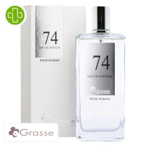 Produit de la marque Grasse Eau de Parfum N°74 (Jean Paul Gaulthier - Le Male) Hommes - 100ml sur un fond blanc avec un logo Parachezvous et celui de de la marque Grasse