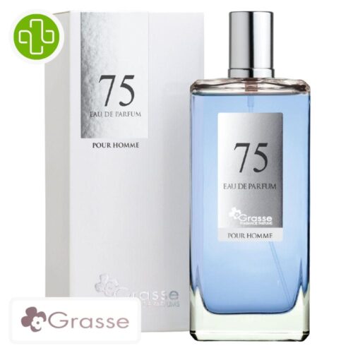 Produit de la marque Grasse Eau de Parfum N°75 (Paco Rabbane – Pure XS) Hommes – 100ml sur un fond blanc avec un logo Parachezvous et celui de de la marque Grasse