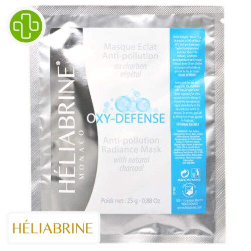 Produit de la marque Héliabrine Oxy-Defense Masque Éclat Anti-Pollution - 25g sur un fond blanc avec un logo Parachezvous et celui de de la marque Héliabrine