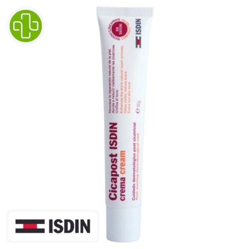 Produit de la marque Isdin Cicapost Crème Réparatrice Post-Acte - 50g sur un fond blanc avec un logo Parachezvous et celui de la marque ISDIN