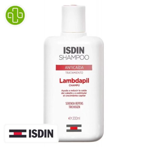 Produit de la marque Isdin Shampooing Lambdapil Anti-Chute - 200ml sur un fond blanc avec un logo Parachezvous et celui de la marque ISDIN