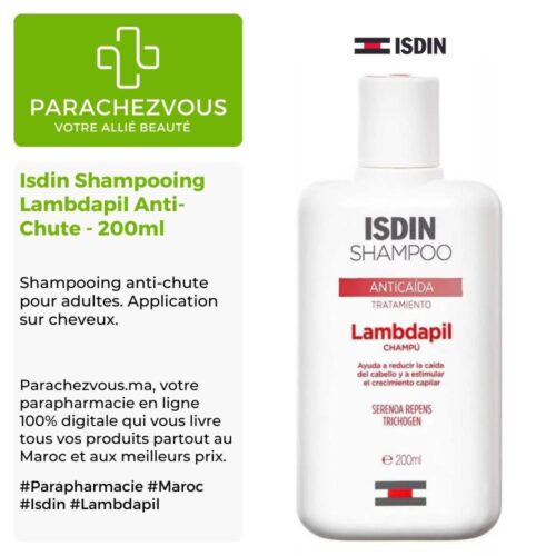 Produit de la marque Isdin Shampooing Lambdapil Anti-Chute - 200ml sur un fond blanc, vert et gris avec un logo Parachezvous et celui de la marque ISDIN ainsi qu'une description qui détail les informations du produit