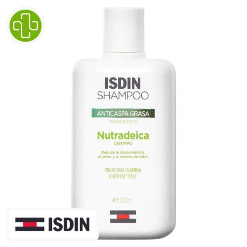 Produit de la marque Isdin Shampooing Nutradeica Anti-Pellicules Grasses Traitement - 200ml sur un fond blanc avec un logo Parachezvous et celui de la marque ISDIN