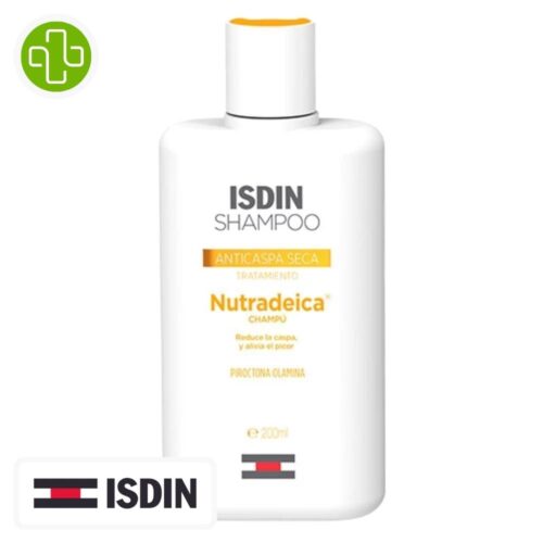 Produit de la marque Isdin Shampooing Nutradeica Anti-Pellicules Sèches Traitement - 200ml sur un fond blanc avec un logo Parachezvous et celui de la marque ISDIN