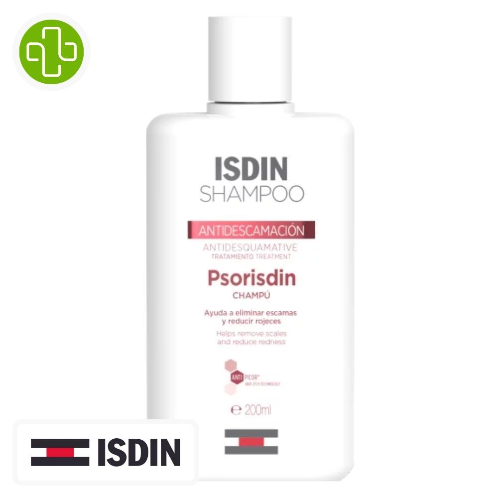Produit de la marque isdin shampooing psorisdin anti-desquamation traitement - 200ml en détail sur un fond blanc avec un logo parachezvous et celui de la marque isdin