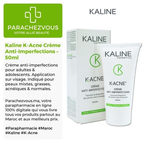 Produit de la marque Kaline K-Acne Crème Anti-Imperfections - 50ml sur un fond blanc, vert et gris avec un logo Parachezvous et celui de la marque Kaline ainsi qu'une description qui détail les informations du produit