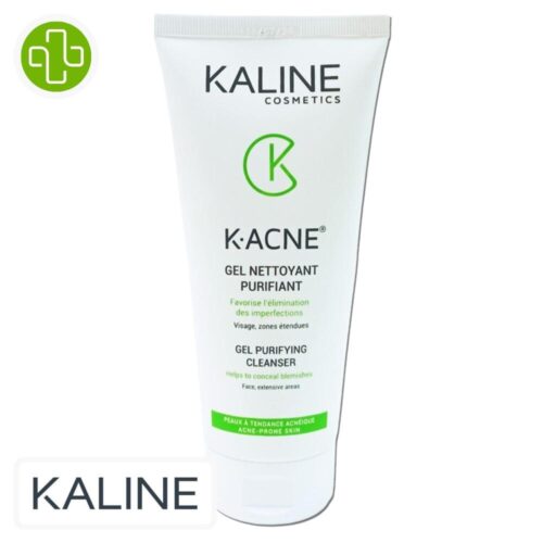 Produit de la marque Kaline K-Acne Gel Nettoyant Purifiant - 200ml sur un fond blanc avec un logo Parachezvous et celui de de la marque Kaline