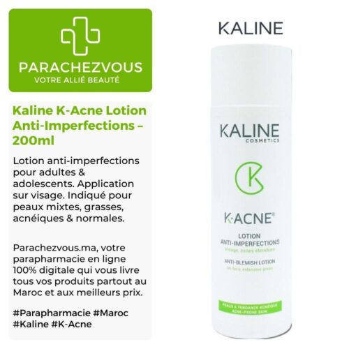 Produit de la marque Kaline K-Acne Lotion Anti-Imperfections - 200ml sur un fond blanc, vert et gris avec un logo Parachezvous et celui de la marque Kaline ainsi qu'une description qui détail les informations du produit