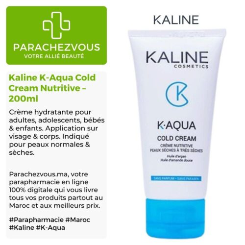 Produit de la marque Kaline K-Aqua Cold Cream Nutritive - 200ml sur un fond blanc, vert et gris avec un logo Parachezvous et celui de la marque Kaline ainsi qu'une description qui détail les informations du produit