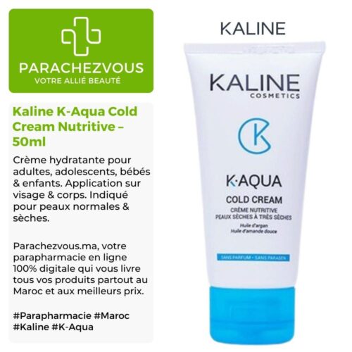 Produit de la marque Kaline K-Aqua Cold Cream Nutritive - 50ml sur un fond blanc avec un logo Parachezvous et celui de de la marque Kaline