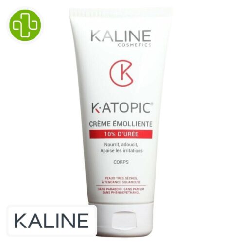 Produit de la marque Kaline K-Atopic Crème Émolliente 10% d'Urée Apaisante - 200ml sur un fond blanc avec un logo Parachezvous et celui de de la marque Kaline