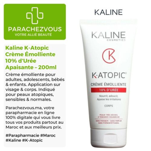 Produit de la marque Kaline K-Atopic Crème Émolliente 10% d'Urée Apaisante - 200ml sur un fond blanc, vert et gris avec un logo Parachezvous et celui de la marque Kaline ainsi qu'une description qui détail les informations du produit