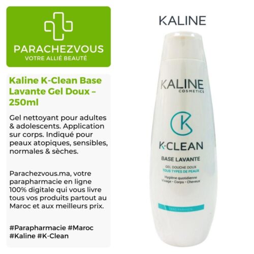 Produit de la marque Kaline K-Clean Base Lavante Gel Doux - 250ml sur un fond blanc, vert et gris avec un logo Parachezvous et celui de la marque Kaline ainsi qu'une description qui détail les informations du produit