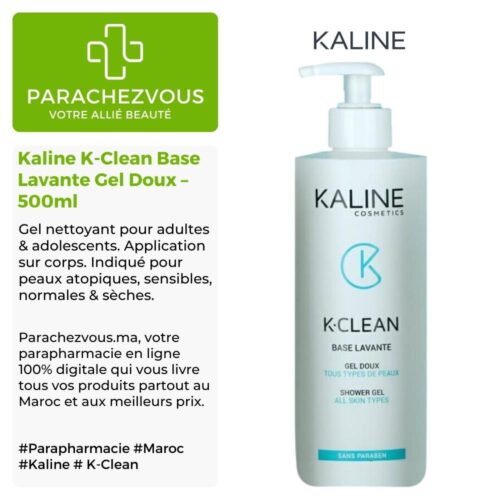 Produit de la marque Kaline K-Clean Base Lavante Gel Doux - 500ml sur un fond blanc, vert et gris avec un logo Parachezvous et celui de la marque Kaline ainsi qu'une description qui détail les informations du produit