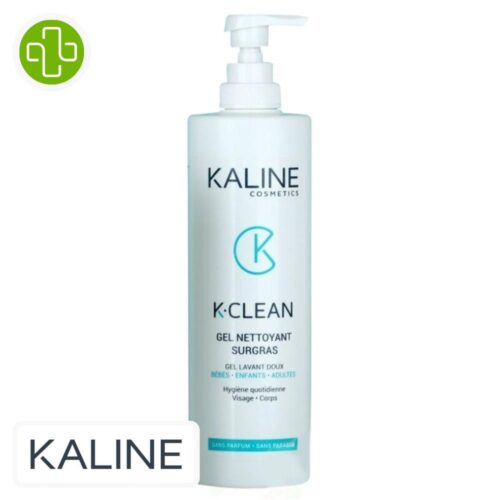 Produit de la marque Kaline K-Clean Gel Nettoyant Surgras Lavant Doux - 500ml sur un fond blanc avec un logo Parachezvous et celui de de la marque Kaline