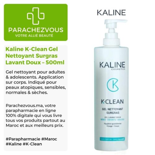 Produit de la marque Kaline K-Clean Gel Nettoyant Surgras Lavant Doux - 500ml sur un fond blanc, vert et gris avec un logo Parachezvous et celui de la marque Kaline ainsi qu'une description qui détail les informations du produit