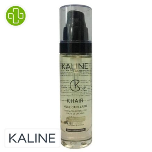 Produit de la marque Kaline K-Hair Huile Capillaire Nutri-Réparatrice - 50ml sur un fond blanc avec un logo Parachezvous et celui de de la marque Kaline