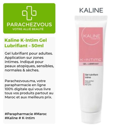 Produit de la marque Kaline K-Intim Gel Lubrifiant - 50ml sur un fond blanc, vert et gris avec un logo Parachezvous et celui de la marque Kaline ainsi qu'une description qui détail les informations du produit