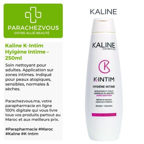 Produit de la marque Kaline K-Intim Hyigène Intime - 250ml sur un fond blanc, vert et gris avec un logo Parachezvous et celui de la marque Kaline ainsi qu'une description qui détail les informations du produit
