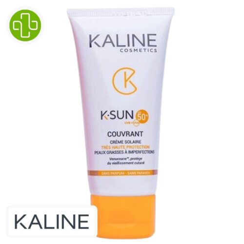 Produit de la marque Kaline K-Sun Crème Solaire Invisible Couvrante Spf50 - 50ml sur un fond blanc avec un logo Parachezvous et celui de de la marque Kaline