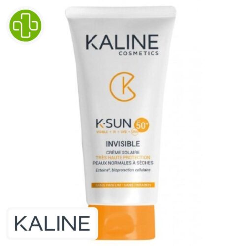 Produit de la marque Kaline K-Sun Crème Solaire Invisible Spf50 - 50ml sur un fond blanc avec un logo Parachezvous et celui de de la marque Kaline