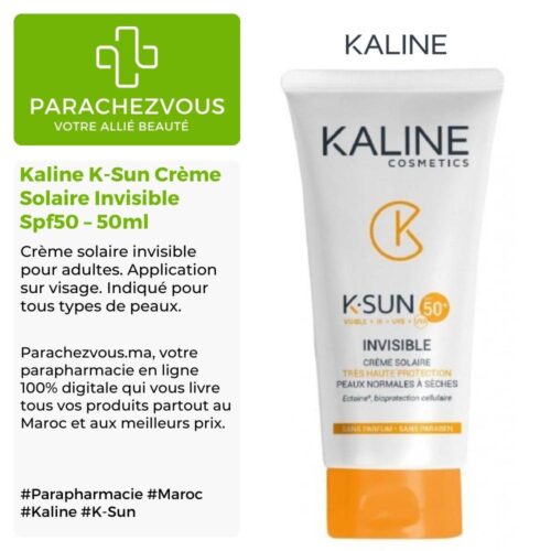 Produit de la marque Kaline K-Sun Crème Solaire Invisible Spf50 - 50ml sur un fond blanc, vert et gris avec un logo Parachezvous et celui de la marque Kaline ainsi qu'une description qui détail les informations du produit
