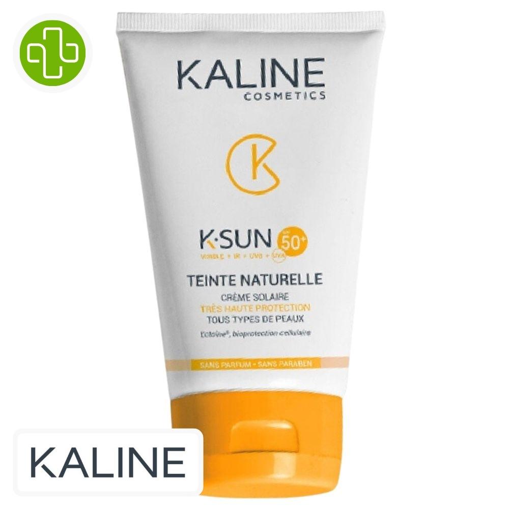 Produit de la marque kaline k-sun crème solaire teinte naturelle spf50 - 50ml sur un fond blanc avec un logo parachezvous et celui de de la marque kaline