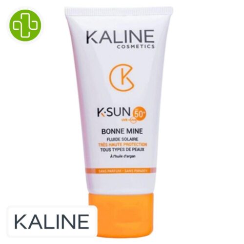 Produit de la marque Kaline K-Sun Fluide Solaire Invisible Bonne Mine Spf50 - 50ml sur un fond blanc avec un logo Parachezvous et celui de de la marque Kaline