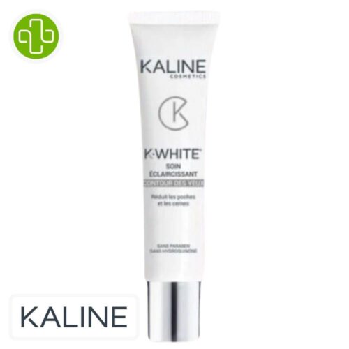 Produit de la marque Kaline K-White Contour des Yeux Éclaircissant Poches & Cernes - 15ml sur un fond blanc avec un logo Parachezvous et celui de de la marque Kaline