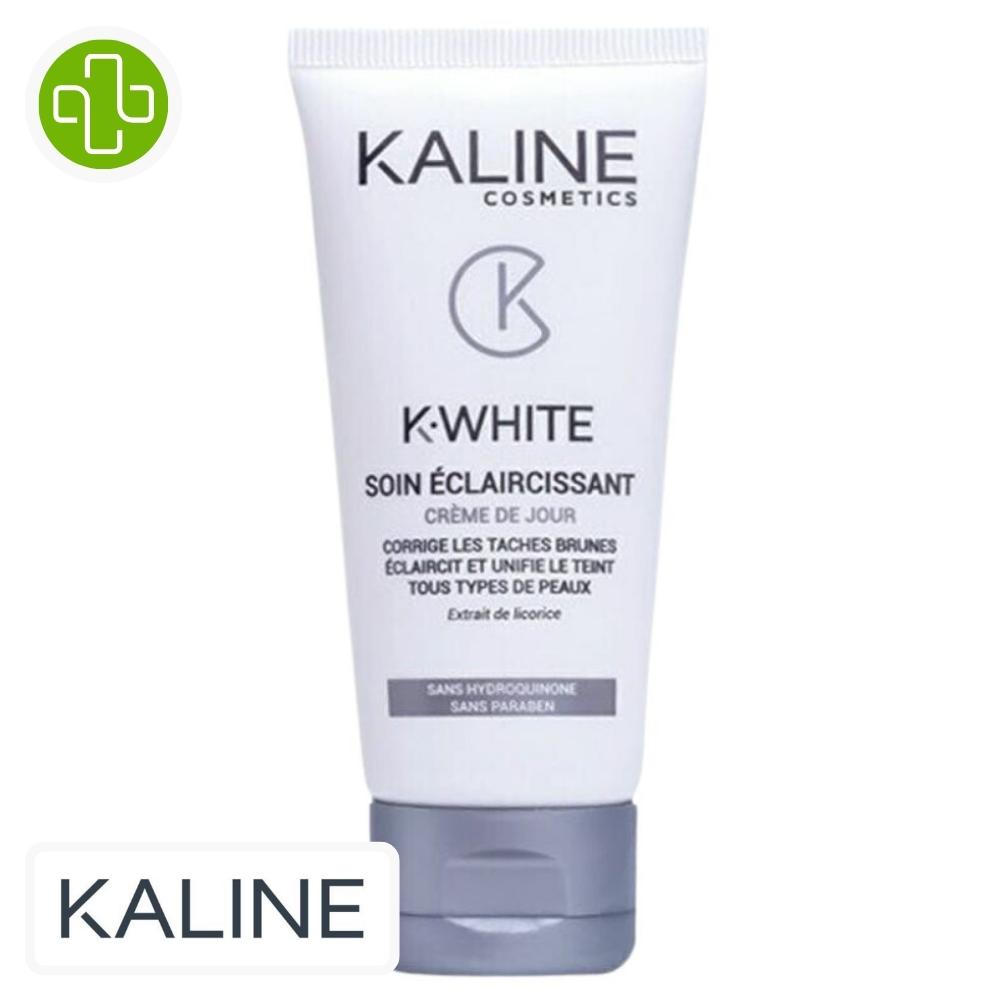 Produit de la marque kaline k-white crème de jour éclaircissante unifiante - 50ml sur un fond blanc avec un logo parachezvous et celui de de la marque kaline
