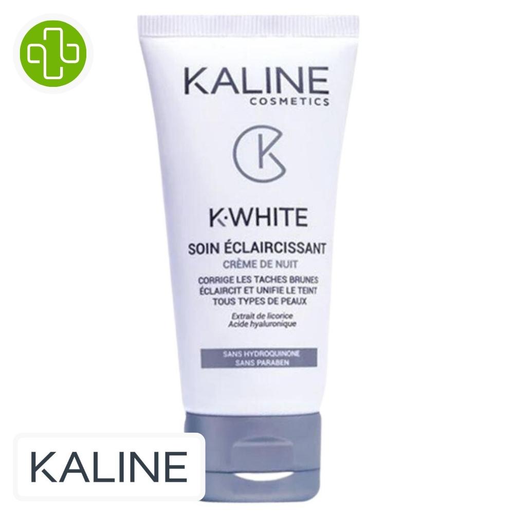 Produit de la marque kaline k-white crème de nuit éclaircissante unifiante - 50ml sur un fond blanc avec un logo parachezvous et celui de de la marque kaline