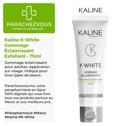 Produit de la marque Kaline K-White Gommage Éclaircissant Exfoliant - 75ml sur un fond blanc, vert et gris avec un logo Parachezvous et celui de la marque Kaline ainsi qu'une description qui détail les informations du produit