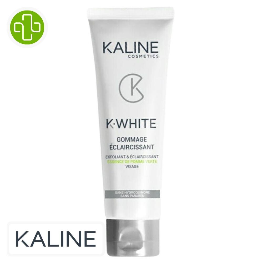 Produit de la marque kaline k-white gommage éclaircissant exfoliant - 75ml sur un fond blanc avec un logo parachezvous et celui de de la marque kaline